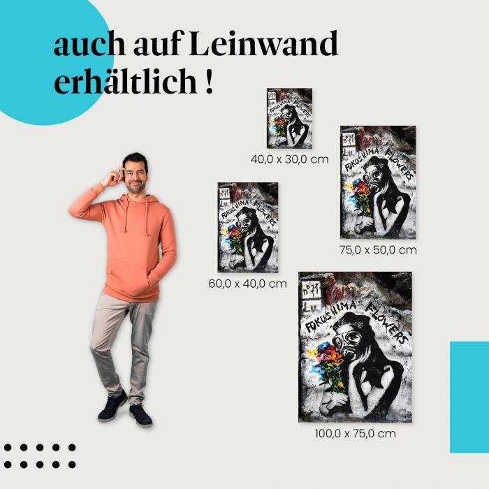 "Graffiti mit Blumen und Gasmaske" Leinwandbild. Finde die ideale Größe für dein Zuhause & setze Akzente mit Kunst!